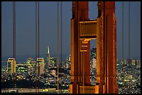 The city seen through the cables and pilars of the Golden Gate bridge, night. San Francisco, California, USA