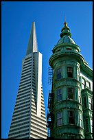 Columbus Tower and Transamerica Pyramid. San Francisco, California, USA (color)