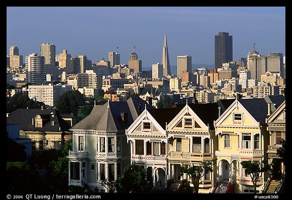 Victorians at Alamo Square and skyline, afternoon. San Francisco, California, USA (color)