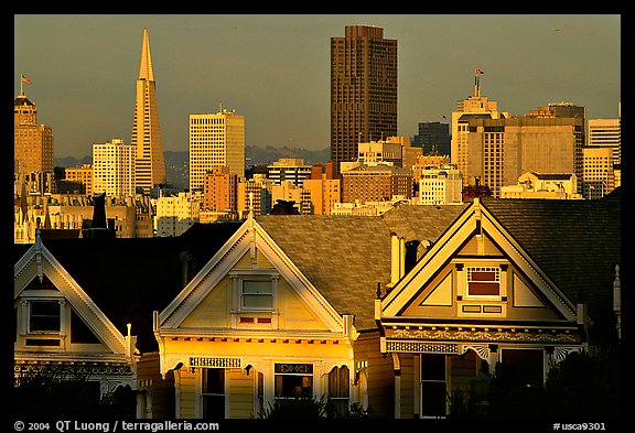 Victorians at Alamo Square and skyline, late afternoon. San Francisco, California, USA