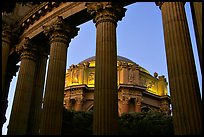 Rotunda seen through peristyle,  the Palace of Fine arts, dusk. San Francisco, California, USA (color)