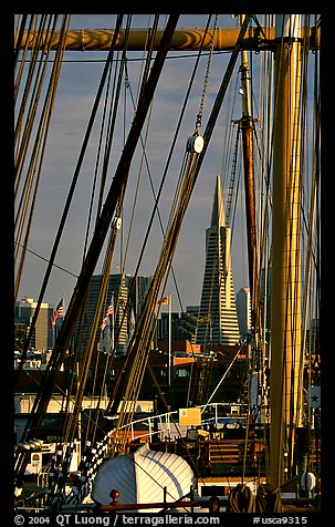 Transamerica Pyramid  seen through the masts of the Balclutha. San Francisco, California, USA (color)