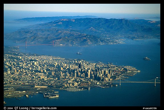 Aerial view of Downtown, the Golden Gate Bridge, and the Marin Headlands. San Francisco, California, USA (color)