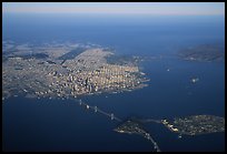 Aerial view of the Bay Bridge, the city, and  the Golden Gate Bridge. San Francisco, California, USA