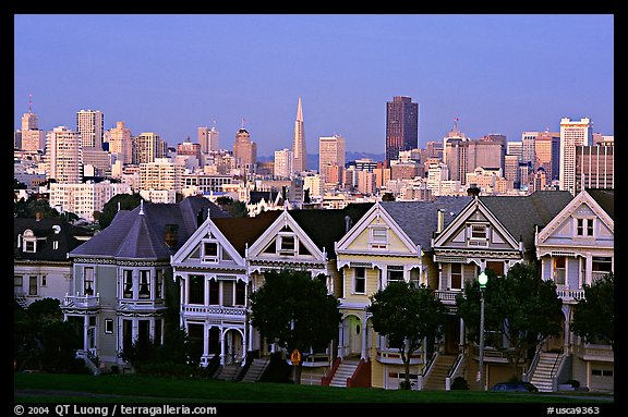 Victorians at Alamo Square and skyline, dusk. San Francisco, California, USA (color)