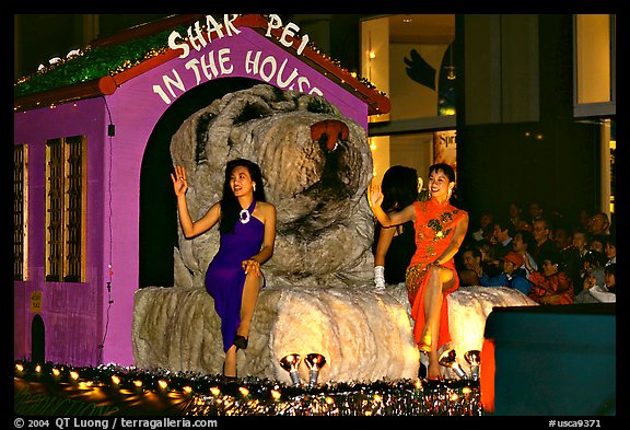 Float with figure for the Year of the Dog. San Francisco, California, USA