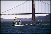 Windsurfers at Crissy Field, with the Golden Gate Bridge behind. San Francisco, California, USA (color)