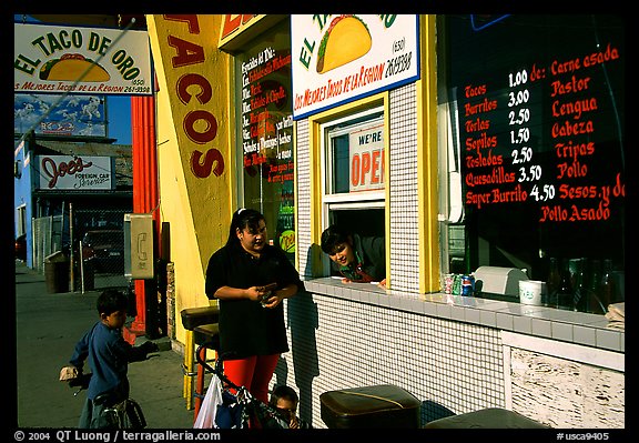 Hispanic women at a taco shop. Redwood City,  California, USA (color)