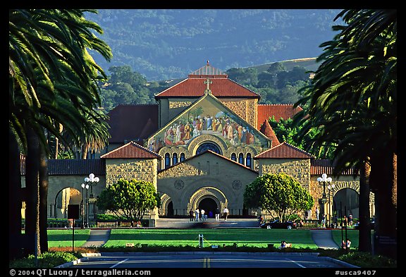 Quad from Palm Drive, late afternoon. Stanford University, California, USA (color)