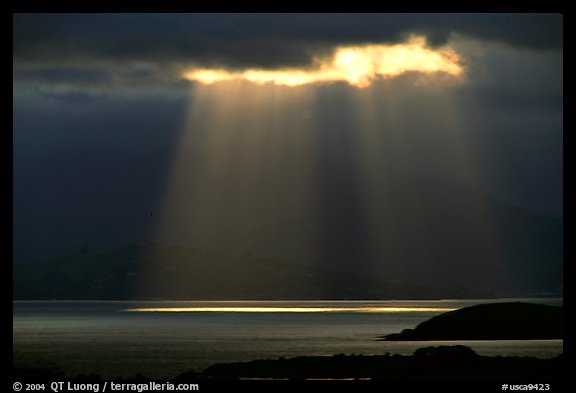 Sunbeams above the Golden Gate, seen from the Berkeley Hills. Berkeley, California, USA (color)