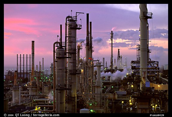 Chimneys of industrial Oil Refinery, Rodeo. San Pablo Bay, California, USA (color)