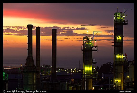 Chimneys of ConocoPhillips Oil Refinery, Rodeo. San Pablo Bay, California, USA