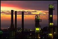 Chimneys of industrial Oil Refinery near Rodeo at sunset. SF Bay area, California, USA ( color)