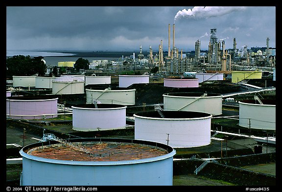 Storage citerns and piples, Oil Refinery, Rodeo. San Pablo Bay, California, USA (color)