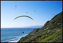 Paragliders soaring above cliffs, the Dumps, Pacifica. San Mateo County, California, USA (color)