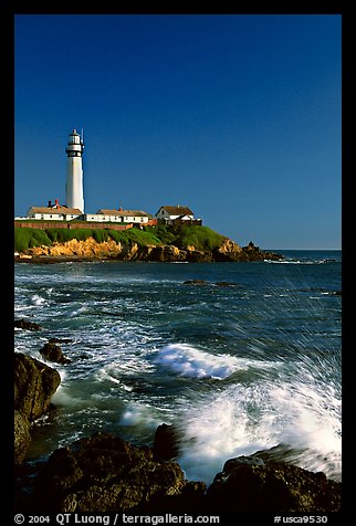 Surf and Pigeon Point Lighthouse, afternoon. San Mateo County, California, USA (color)