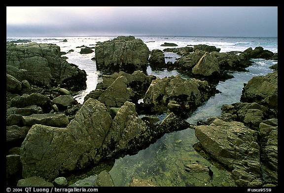 Pool, rocks, foggy sunset, seventeen-mile drive. Pebble Beach, California, USA