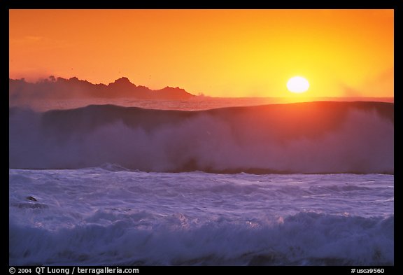 Crashing wave and sunset,  Carmel River State Beach. Carmel-by-the-Sea, California, USA