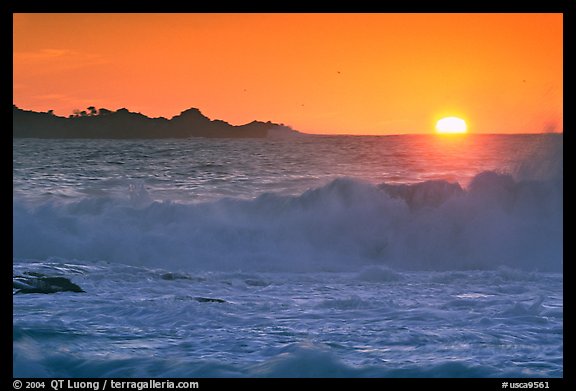 Crashing surf and sunset,  Carmel River State Beach. Carmel-by-the-Sea, California, USA (color)