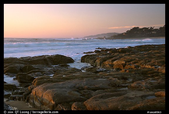 Rock ledges at  sunset,  Carmel River State Beach. Carmel-by-the-Sea, California, USA