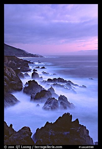 Rocks and surf near Rocky Cny Bridge, Garapata State Park, dusk. Big Sur, California, USA