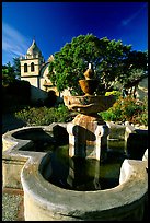 Fountain and chapel, Carmel Mission. Carmel-by-the-Sea, California, USA (color)