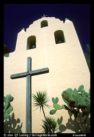 Cross and bell tower, Mission Santa Inez. Solvang, California, USA