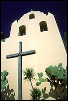 Cross and bell tower, Mission Santa Inez. California, USA (color)
