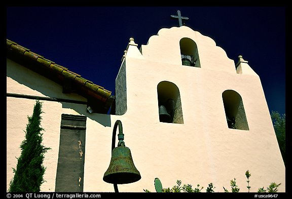 Cross and bell tower, Mission Santa Inez. Solvang, California, USA