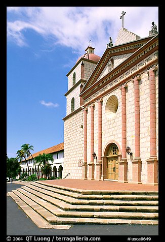 Stairs and chapel, Mission Santa Barbara, morning. Santa Barbara, California, USA