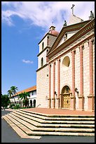 Stairs and chapel, Mission Santa Barbara, morning. Santa Barbara, California, USA (color)