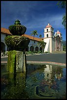 Fountain and Mission Santa Babara, mid-day. Santa Barbara, California, USA ( color)