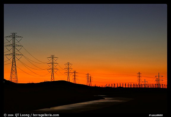 Power lines at sunset, Central Valley. California, USA