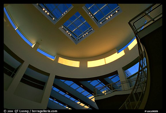 Interior of Entrance Hall of Museum, sunset, Getty Center, Brentwood. Los Angeles, California, USA (color)