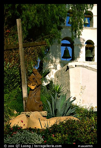 Cross, statue of father, belltower, Mission San Diego de Alcala. San Diego, California, USA (color)