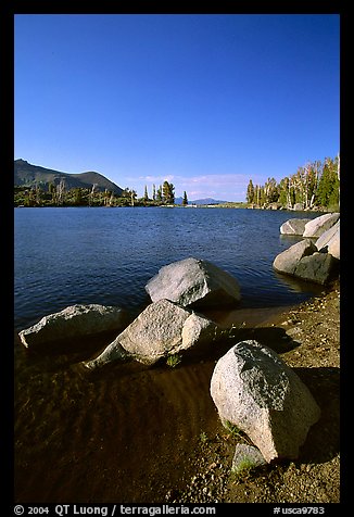 Boulders at the edge of Frog Lake, afternoon. Mokelumne Wilderness, Eldorado National Forest, California, USA (color)