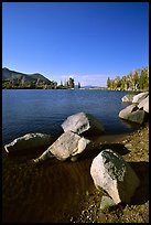 Boulders at the edge of Frog Lake, afternoon. Mokelumne Wilderness, Eldorado National Forest, California, USA