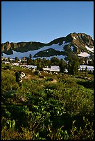 Hiker on trail towards Round Top, late afternoon. Mokelumne Wilderness, Eldorado National Forest, California, USA