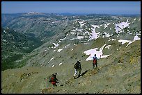 Hikers below Round Top Mountain. Mokelumne Wilderness, Eldorado National Forest, California, USA ( color)