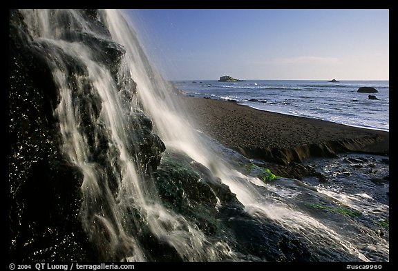 Alamere Falls and beach. Point Reyes National Seashore, California, USA (color)