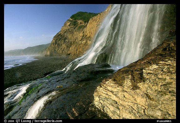 Alamere Falls flowing onto the beach. Point Reyes National Seashore, California, USA