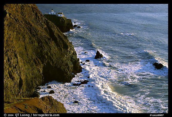 Cliffs, waves,  and Point Bonita Lighthouse, late afternoon. California, USA