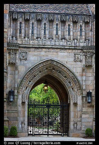 Gate in gothic style, Branford College. Yale University, New Haven, Connecticut, USA