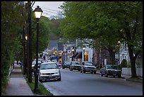 Street and storefronts at dusk, Essex. Connecticut, USA