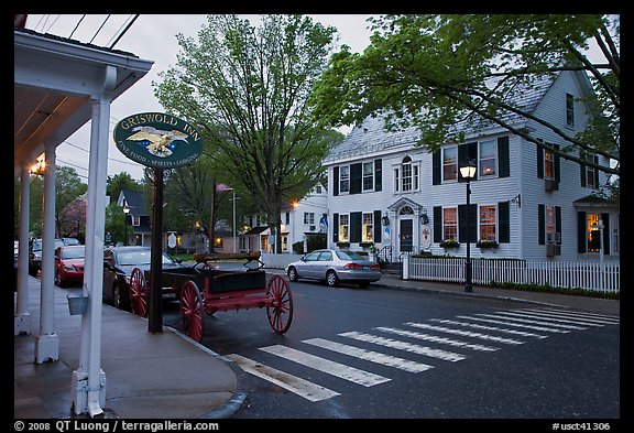 Street with historic buildings at dusk, Essex. Connecticut, USA (color)