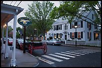 Street with historic buildings at dusk, Essex. Connecticut, USA (color)