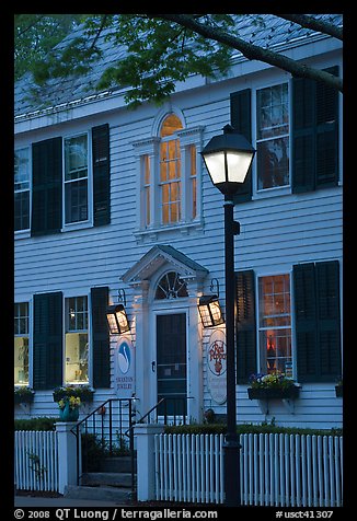 Facade and street light and dusk, Essex. Connecticut, USA (color)