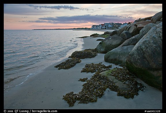 Rocks and beachfront houses, Westbrook. Connecticut, USA (color)