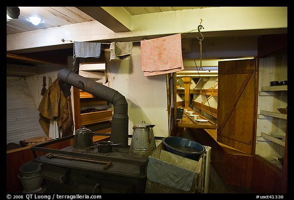 Kitchen and dining room on historic ship. Mystic, Connecticut, USA (color)