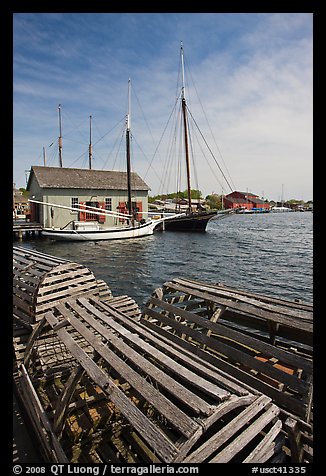 Wooden crab traps and historic ships. Mystic, Connecticut, USA